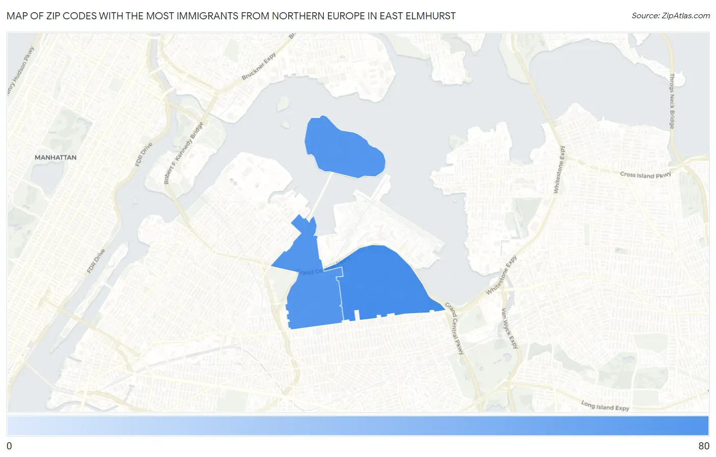 Zip Codes with the Most Immigrants from Northern Europe in East Elmhurst Map
