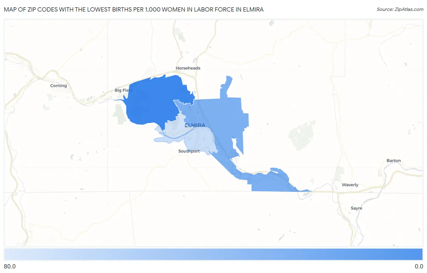 Zip Codes with the Lowest Births per 1,000 Women in Labor Force in Elmira Map