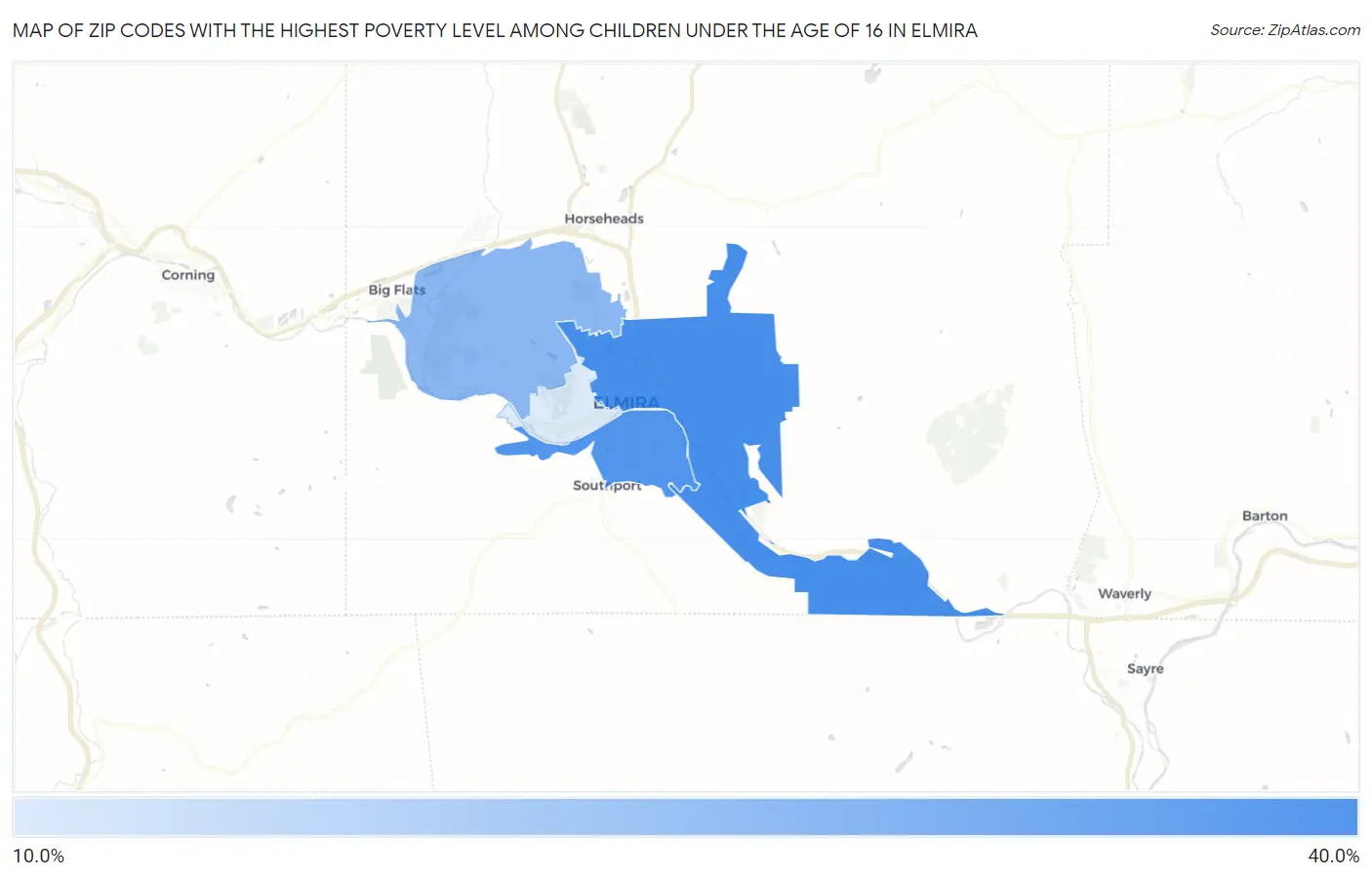 Zip Codes with the Highest Poverty Level Among Children Under the Age of 16 in Elmira Map