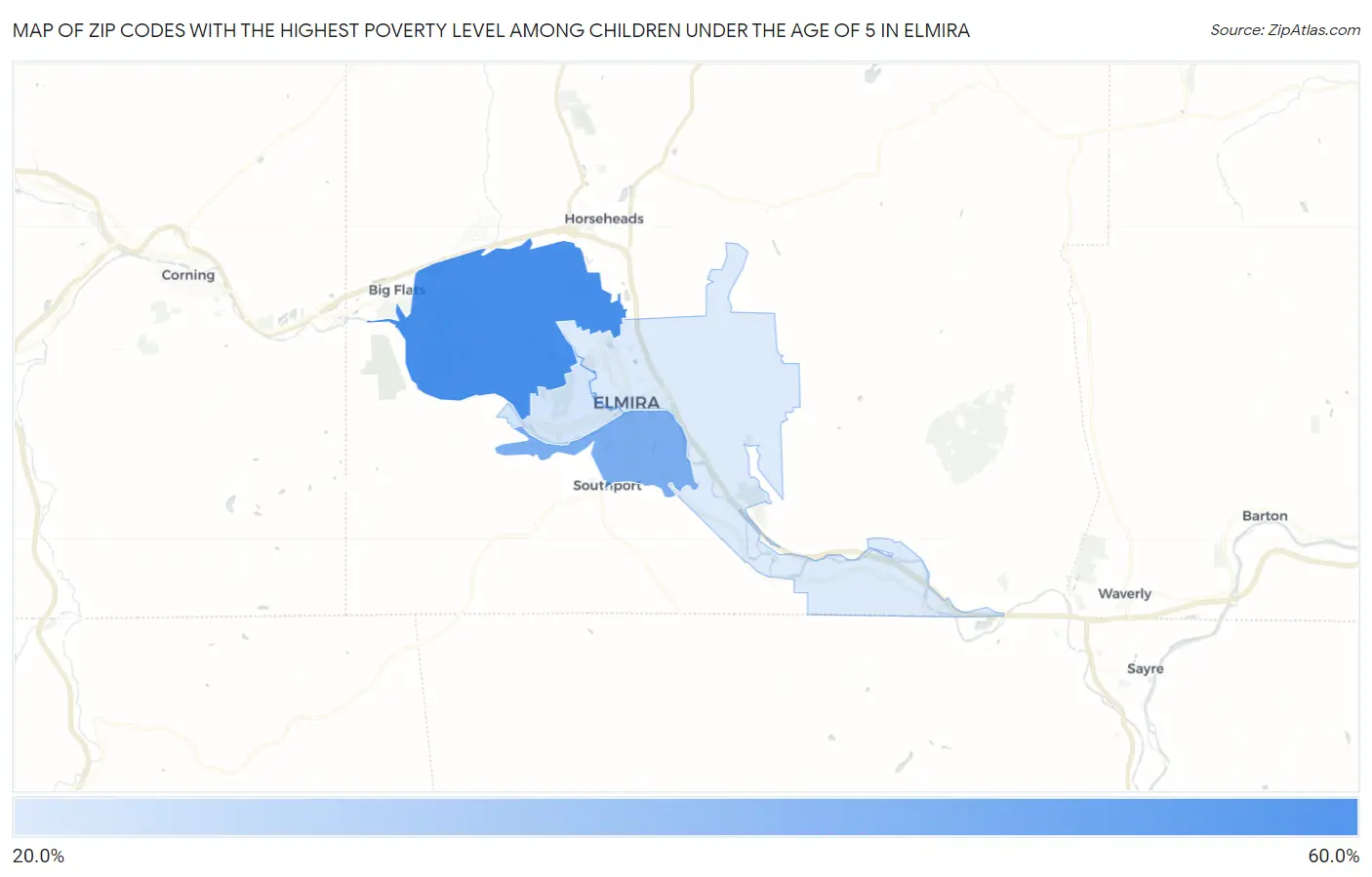 Zip Codes with the Highest Poverty Level Among Children Under the Age of 5 in Elmira Map