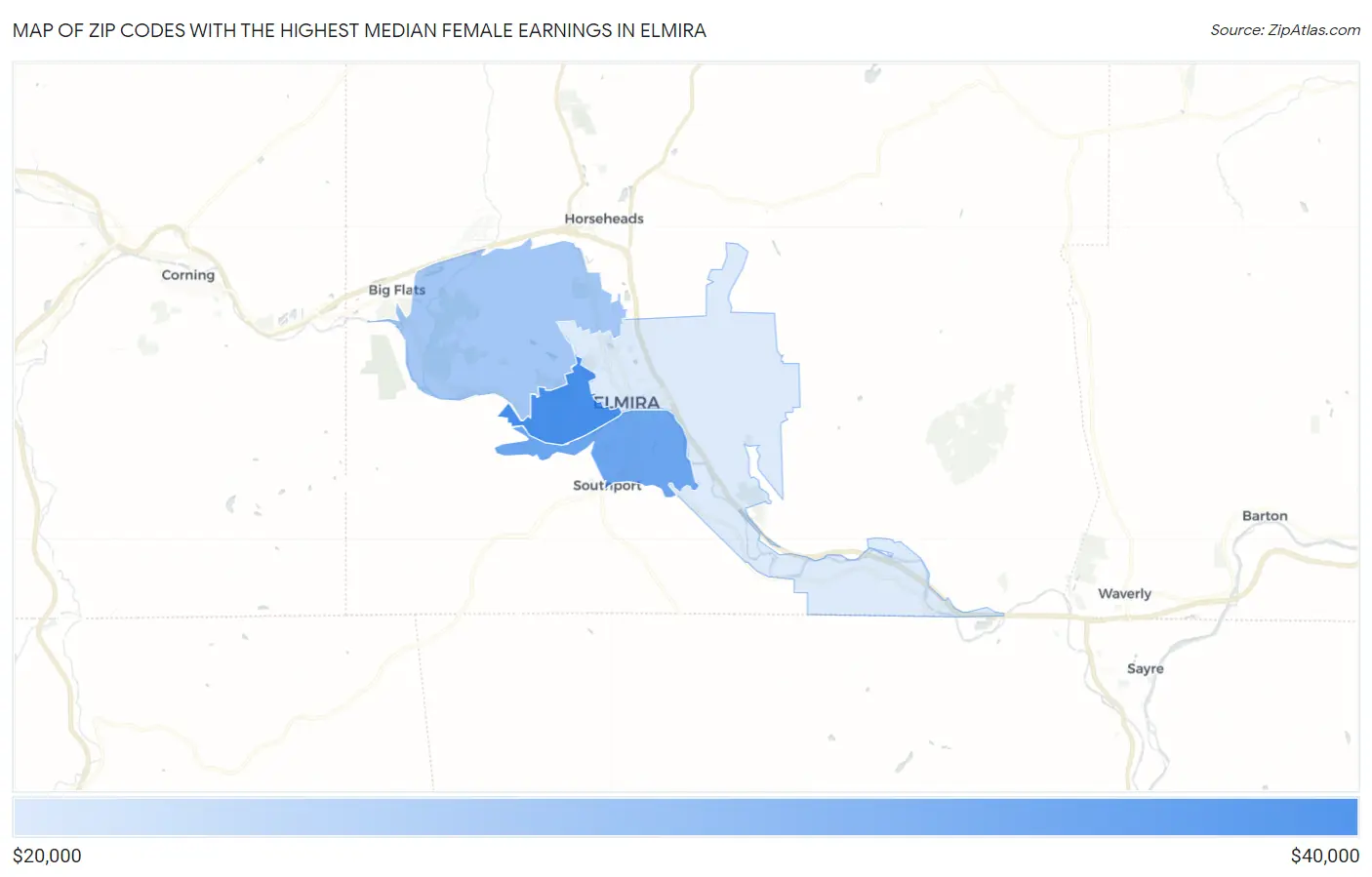 Zip Codes with the Highest Median Female Earnings in Elmira Map