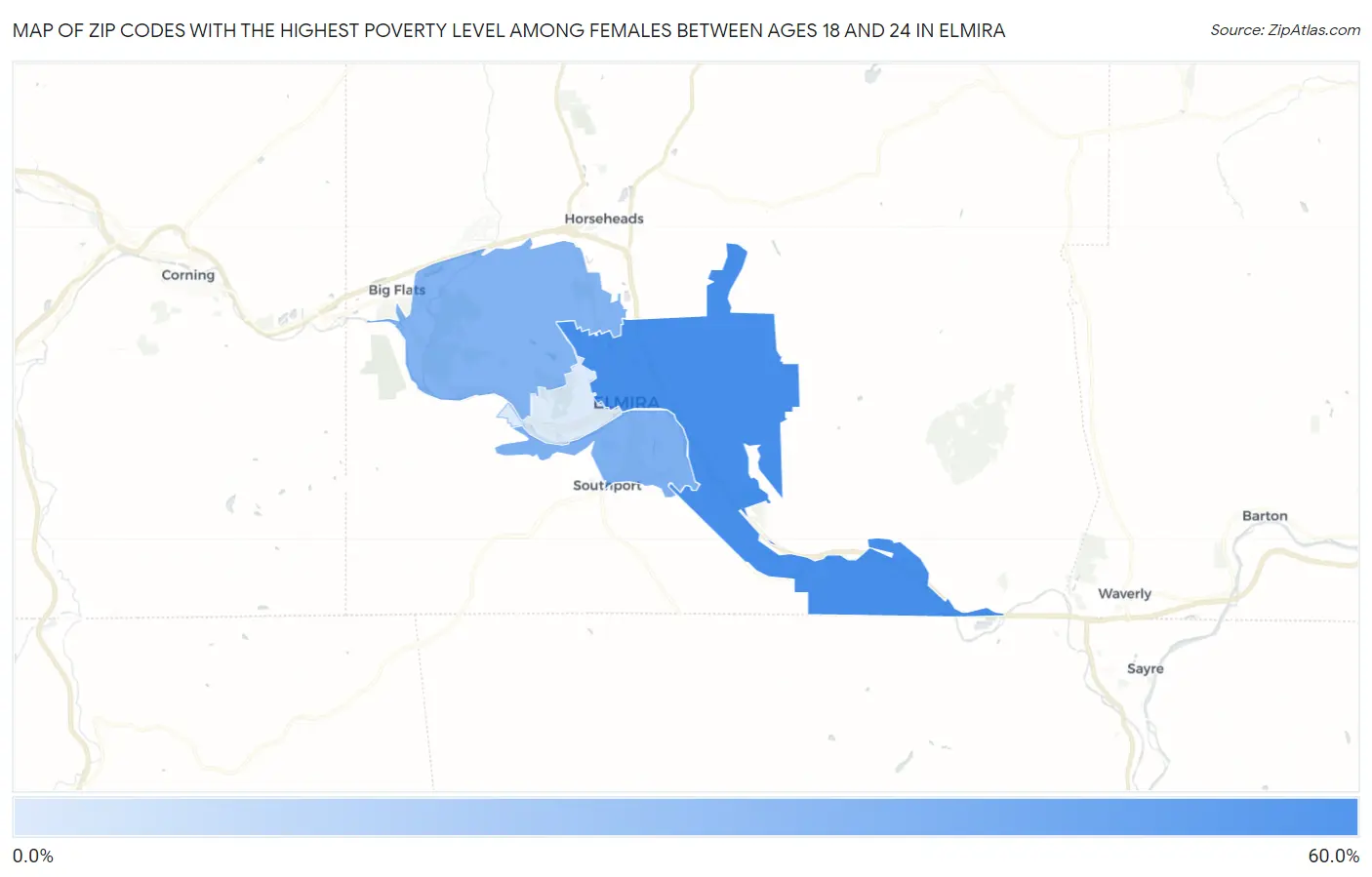 Zip Codes with the Highest Poverty Level Among Females Between Ages 18 and 24 in Elmira Map