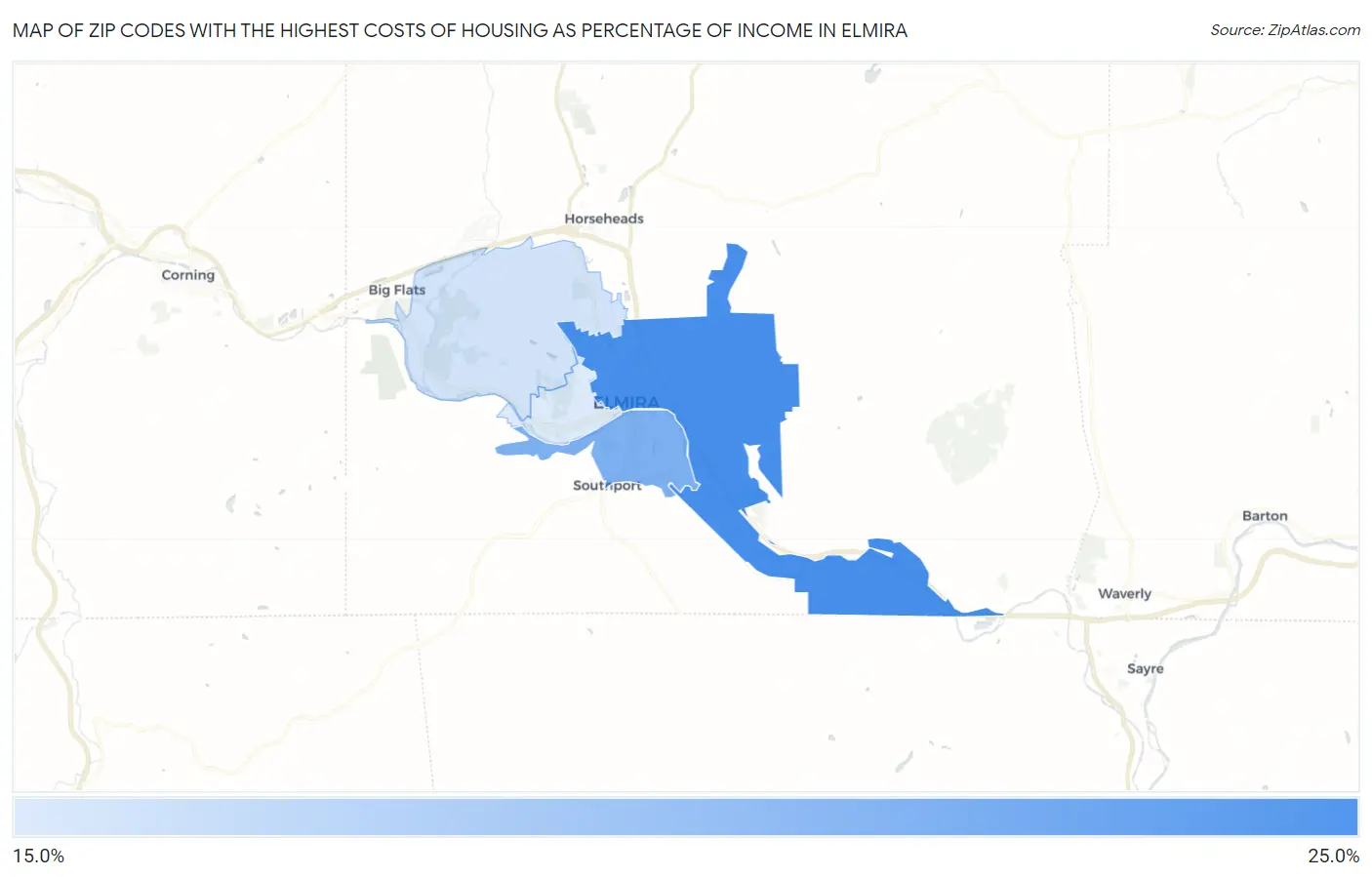 Zip Codes with the Highest Costs of Housing as Percentage of Income in Elmira Map