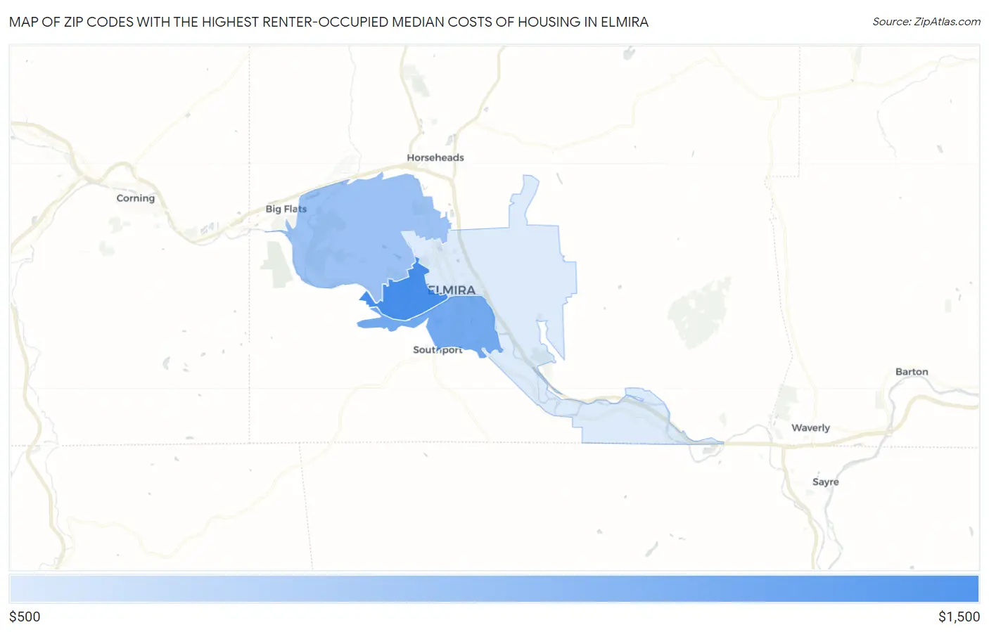 Zip Codes with the Highest Renter-Occupied Median Costs of Housing in Elmira Map