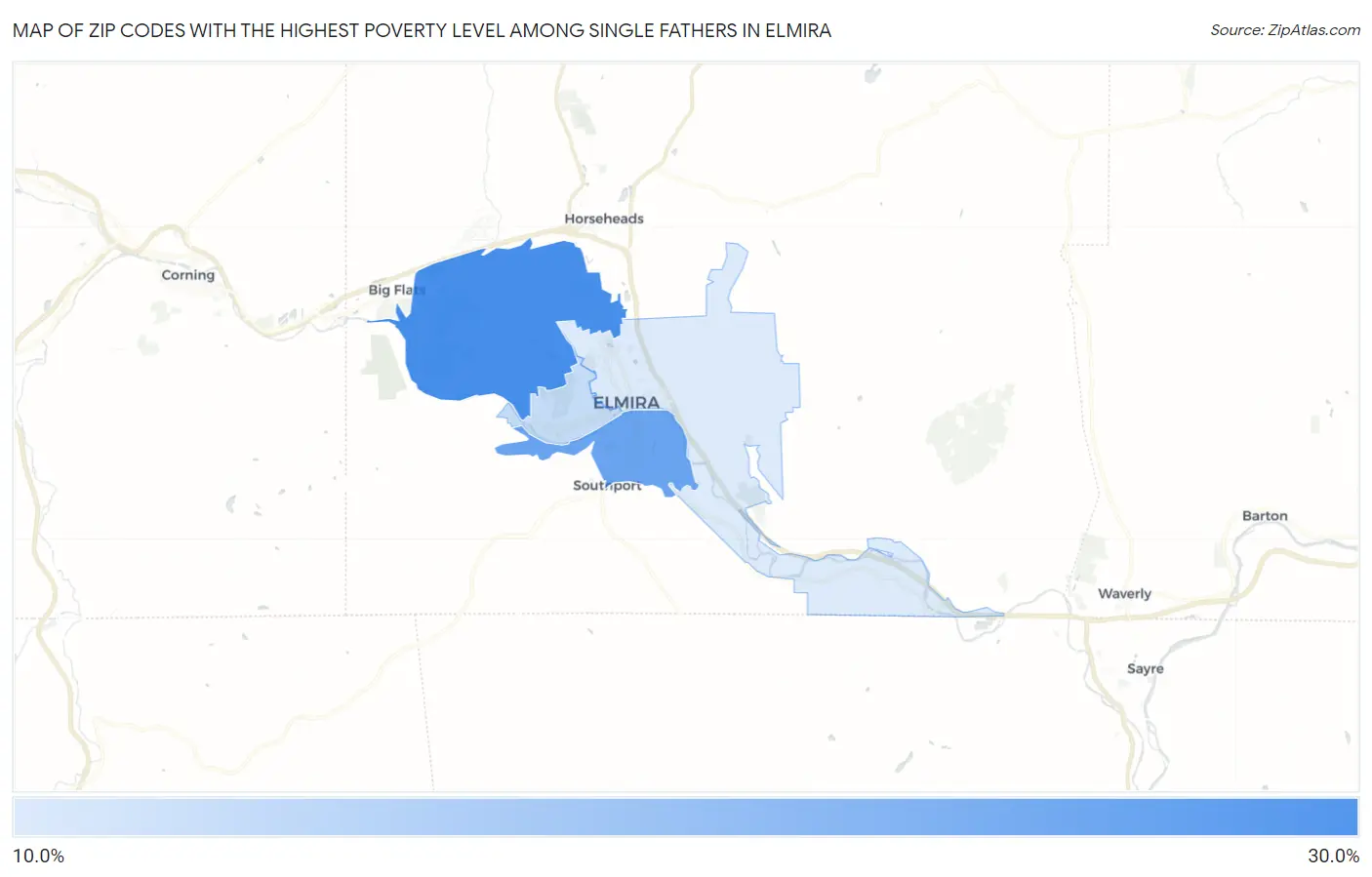Zip Codes with the Highest Poverty Level Among Single Fathers in Elmira Map