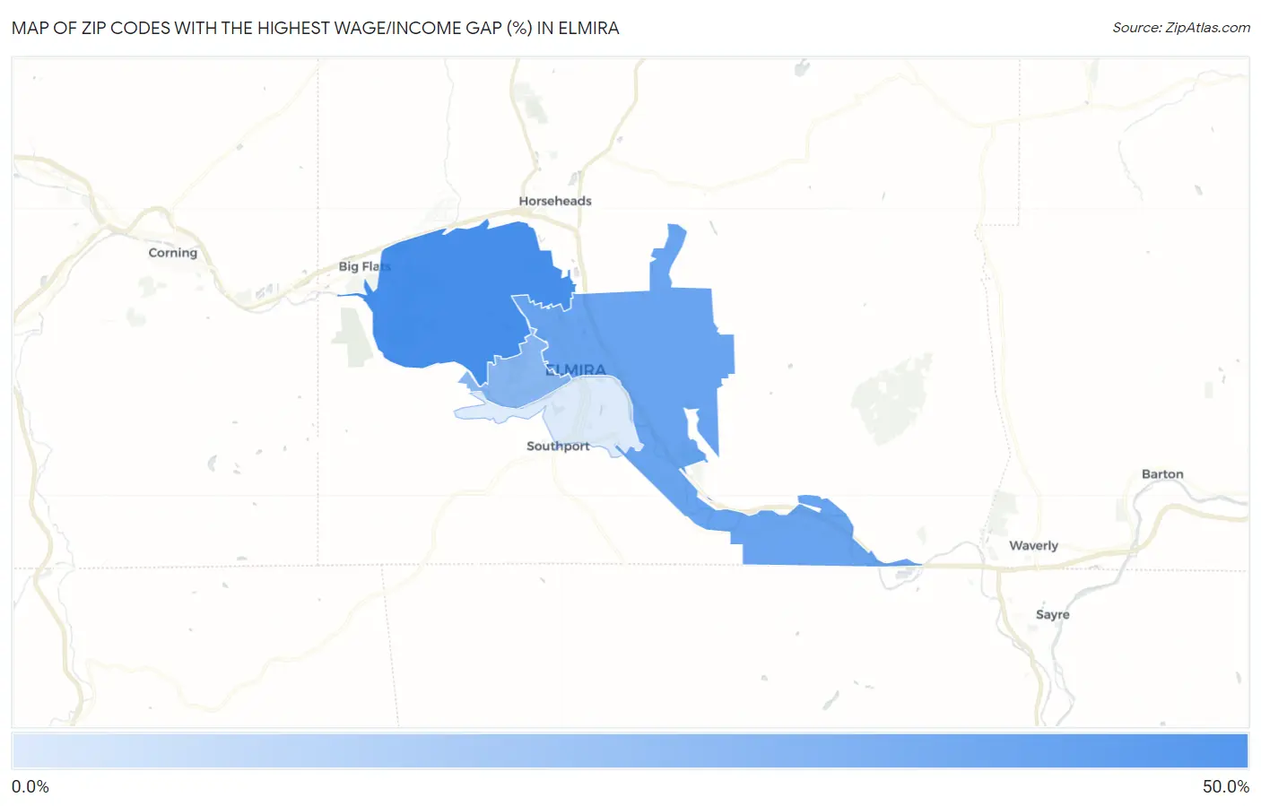 Zip Codes with the Highest Wage/Income Gap (%) in Elmira Map