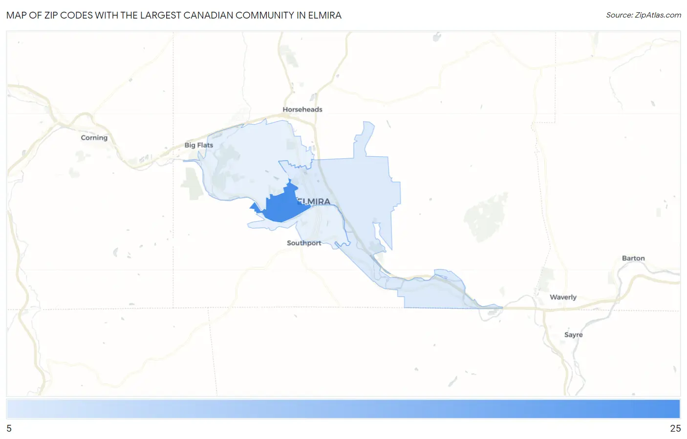 Zip Codes with the Largest Canadian Community in Elmira Map