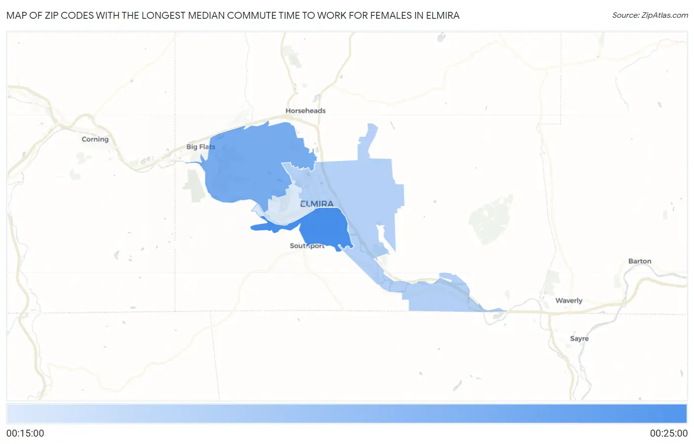 Zip Codes with the Longest Median Commute Time to Work for Females in Elmira Map