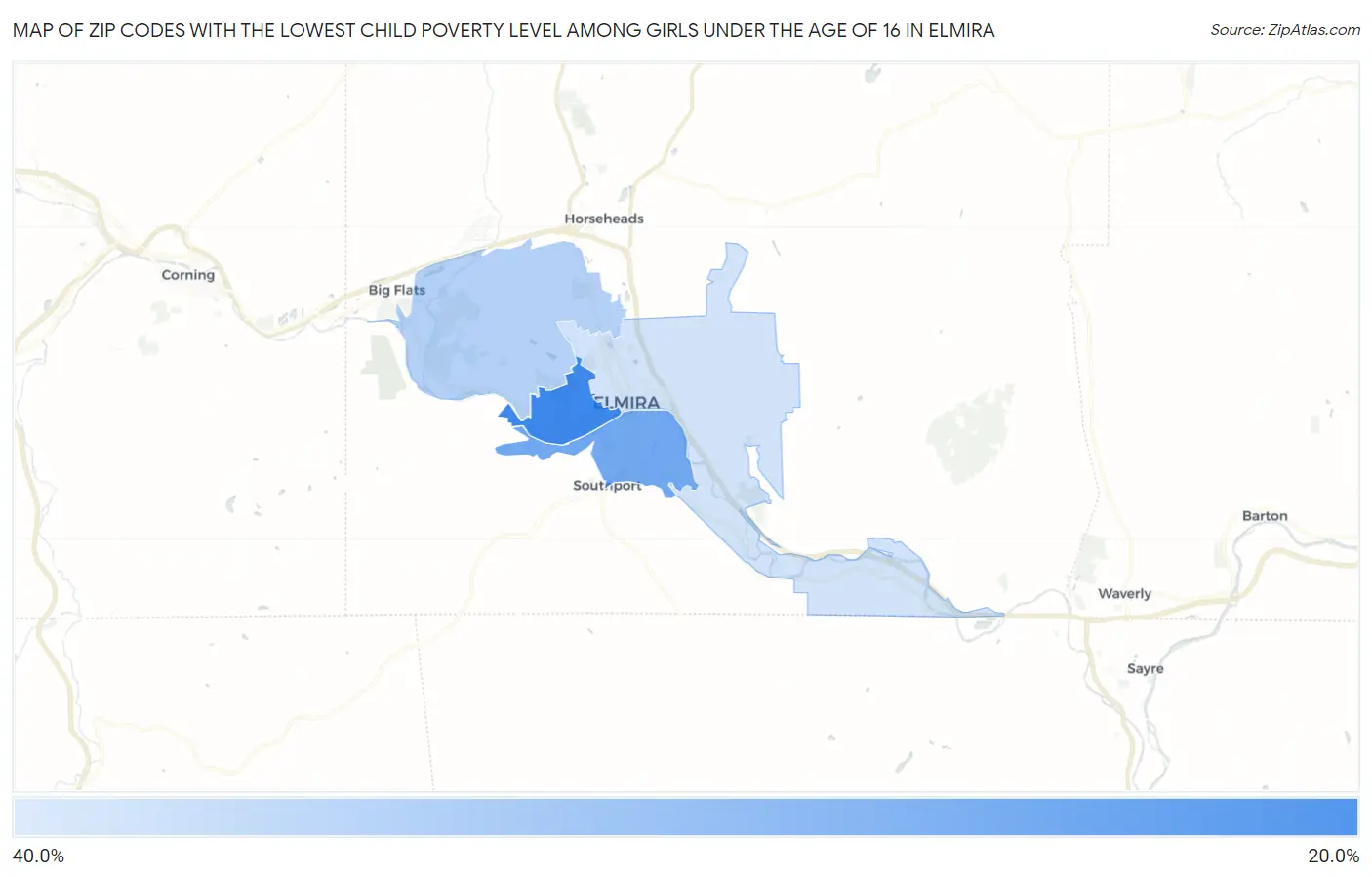 Zip Codes with the Lowest Child Poverty Level Among Girls Under the Age of 16 in Elmira Map