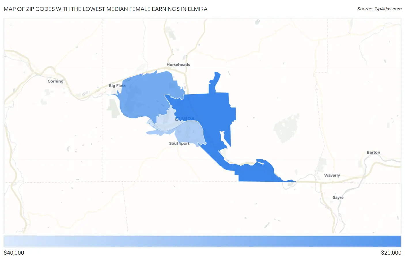 Zip Codes with the Lowest Median Female Earnings in Elmira Map