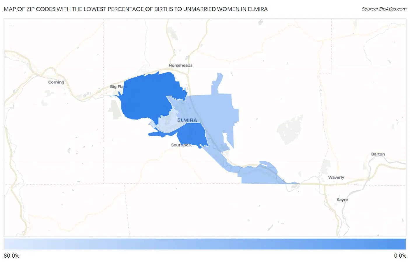 Zip Codes with the Lowest Percentage of Births to Unmarried Women in Elmira Map
