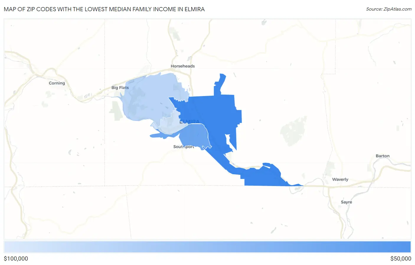 Zip Codes with the Lowest Median Family Income in Elmira Map