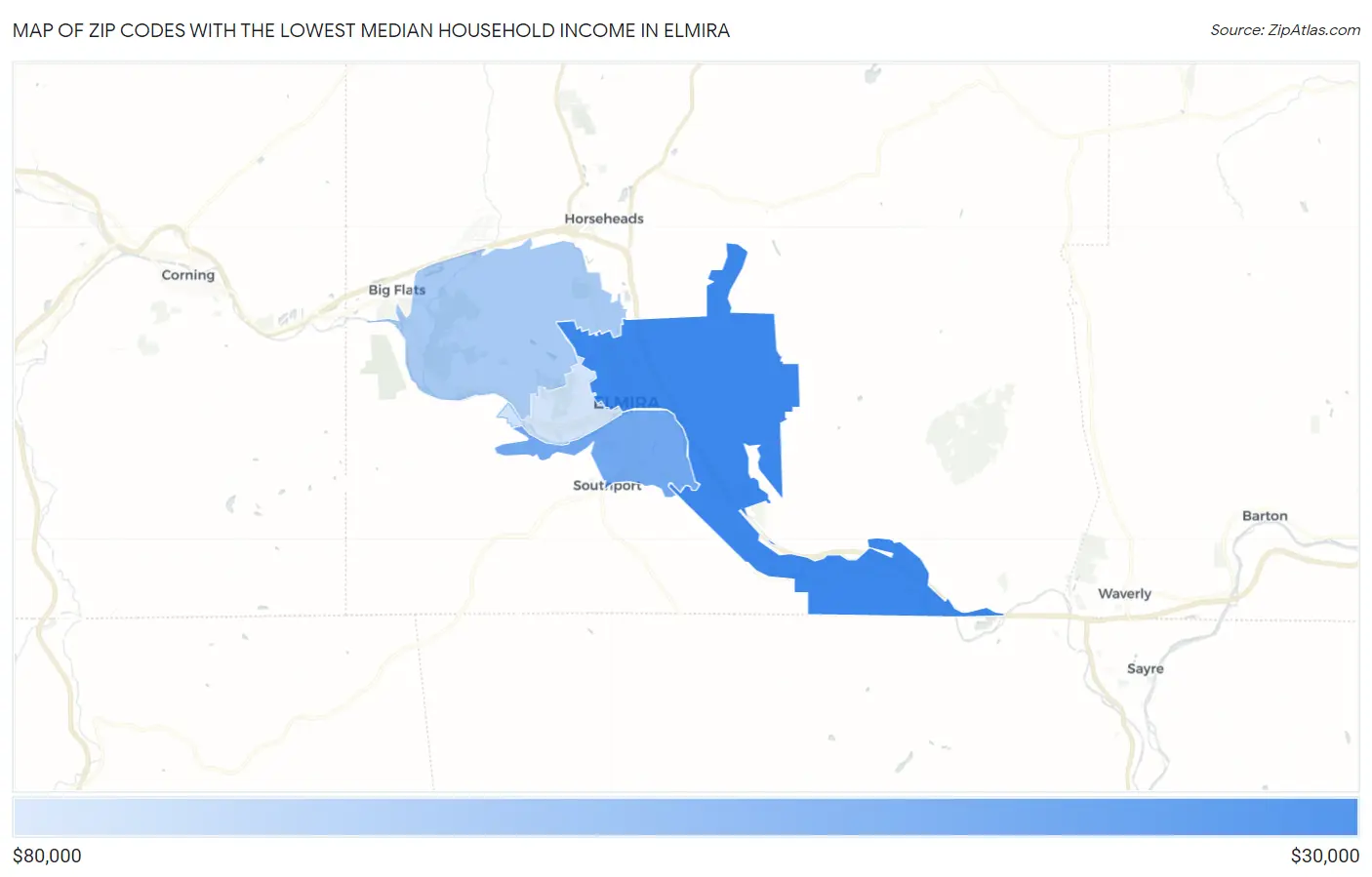 Zip Codes with the Lowest Median Household Income in Elmira Map