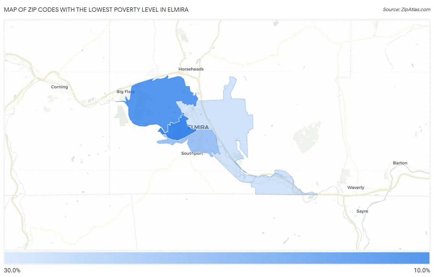 Zip Codes with the Lowest Poverty Level in Elmira Map