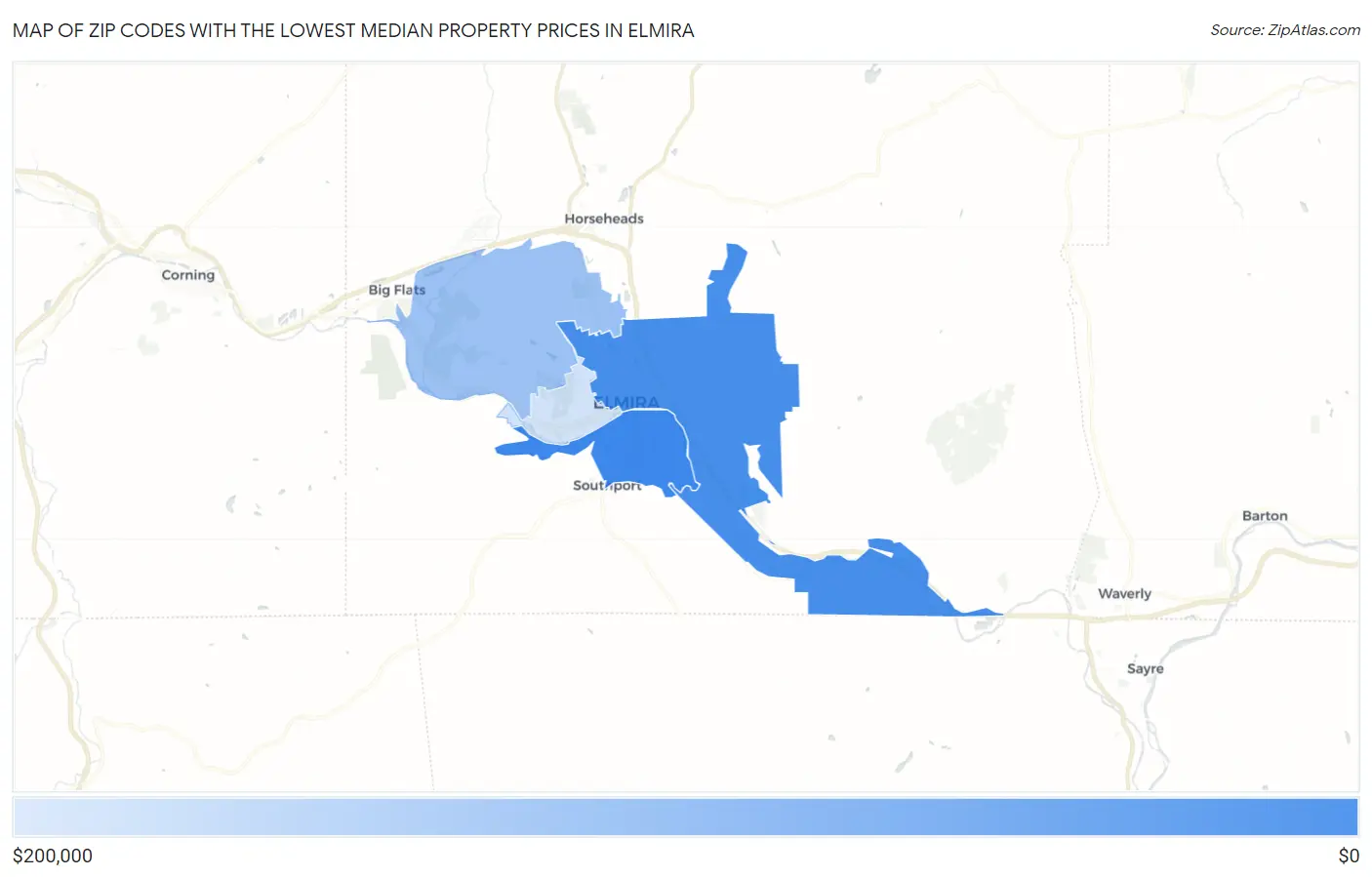 Zip Codes with the Lowest Median Property Prices in Elmira Map