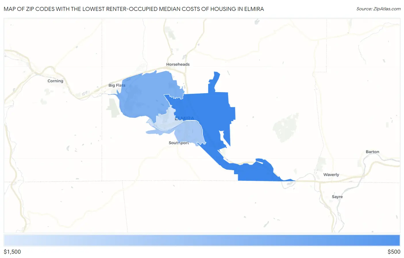 Zip Codes with the Lowest Renter-Occupied Median Costs of Housing in Elmira Map