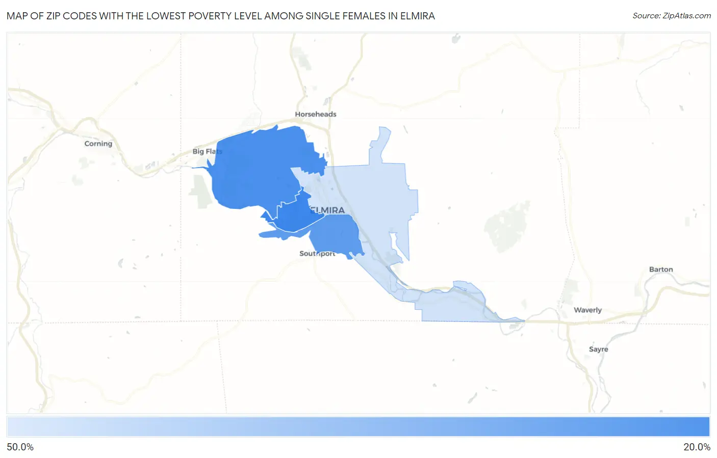 Zip Codes with the Lowest Poverty Level Among Single Females in Elmira Map