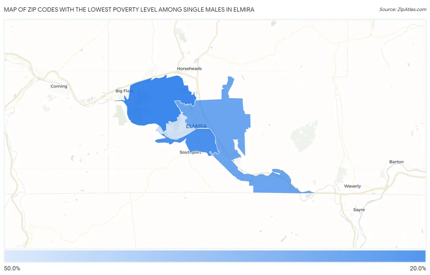 Zip Codes with the Lowest Poverty Level Among Single Males in Elmira Map