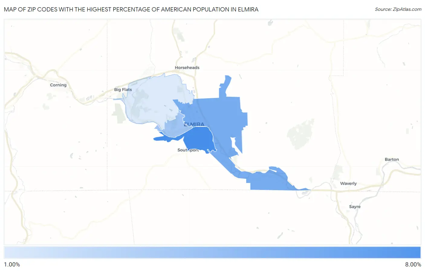 Zip Codes with the Highest Percentage of American Population in Elmira Map