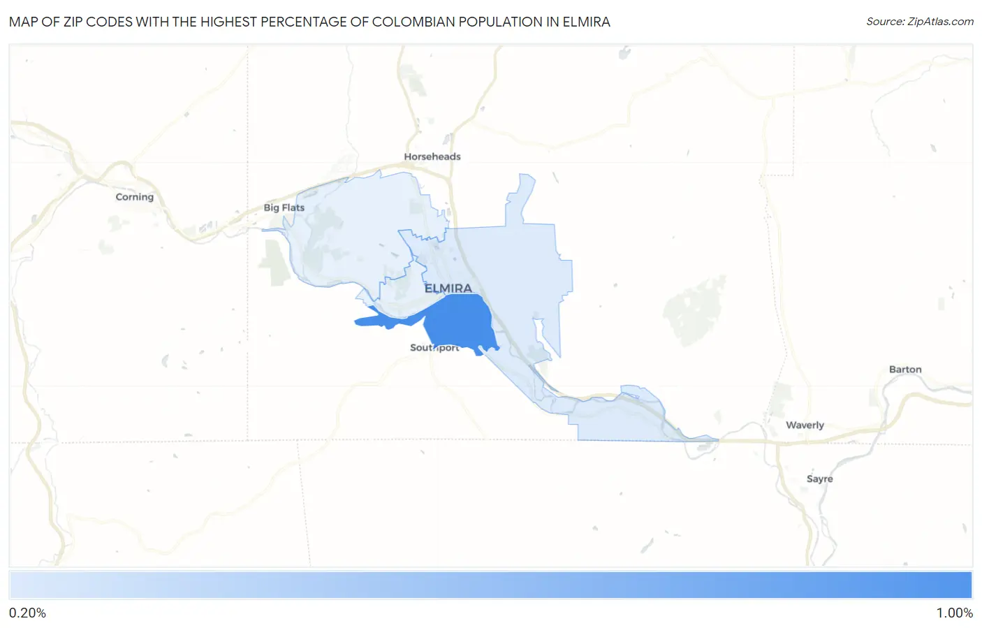 Zip Codes with the Highest Percentage of Colombian Population in Elmira Map