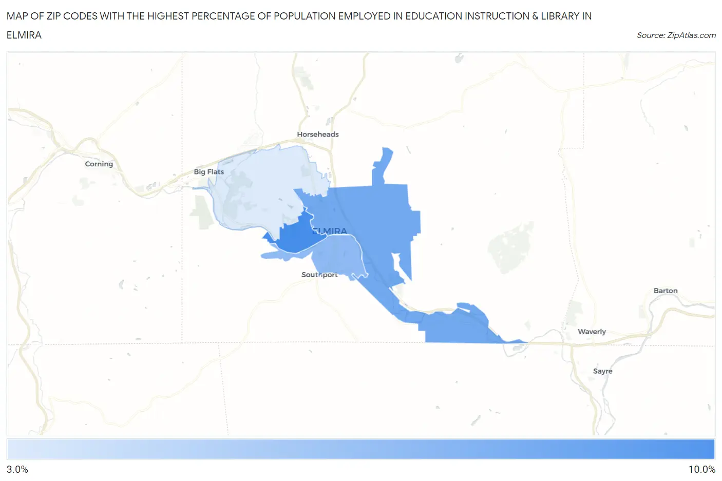 Zip Codes with the Highest Percentage of Population Employed in Education Instruction & Library in Elmira Map