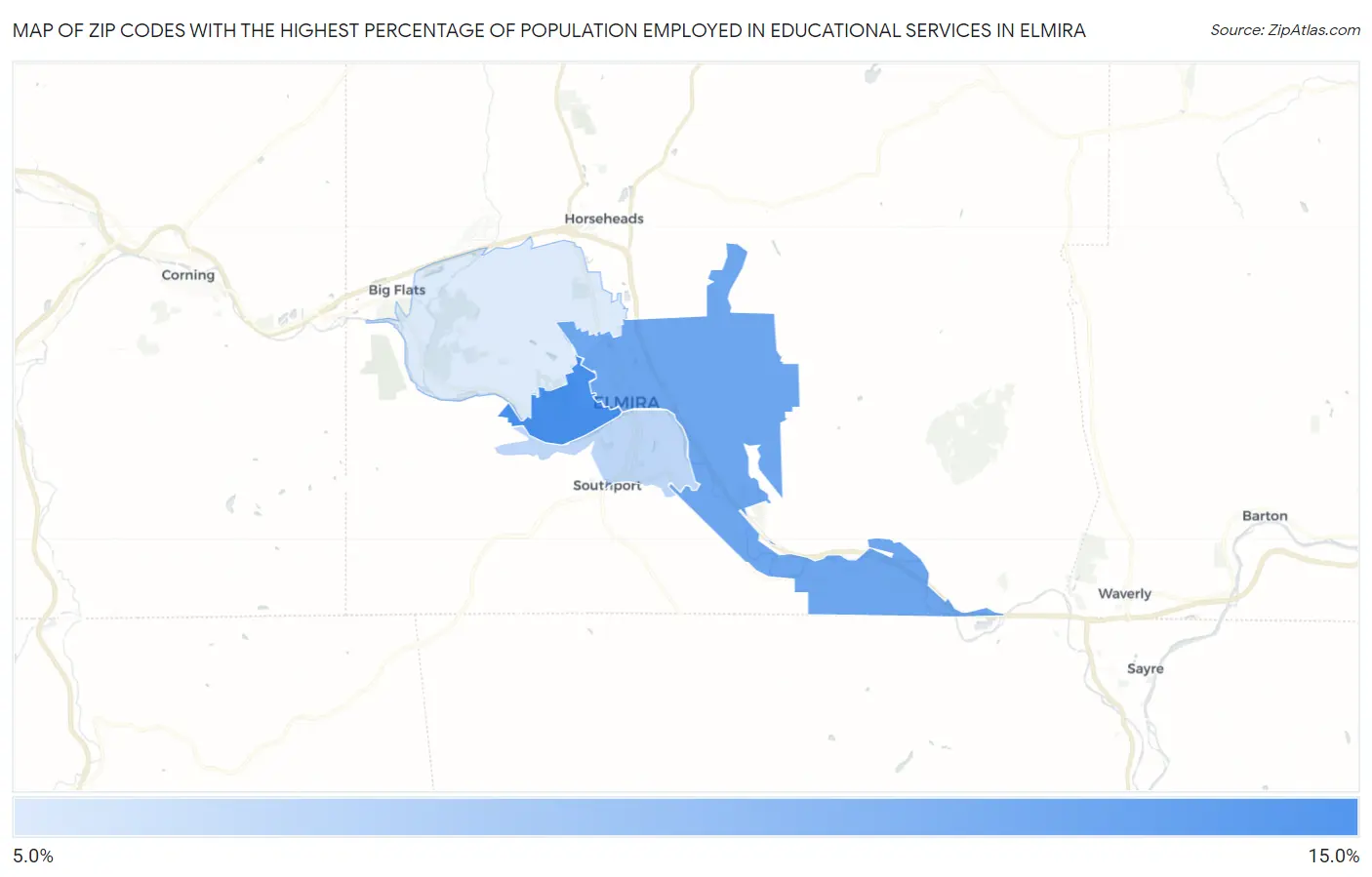 Zip Codes with the Highest Percentage of Population Employed in Educational Services in Elmira Map