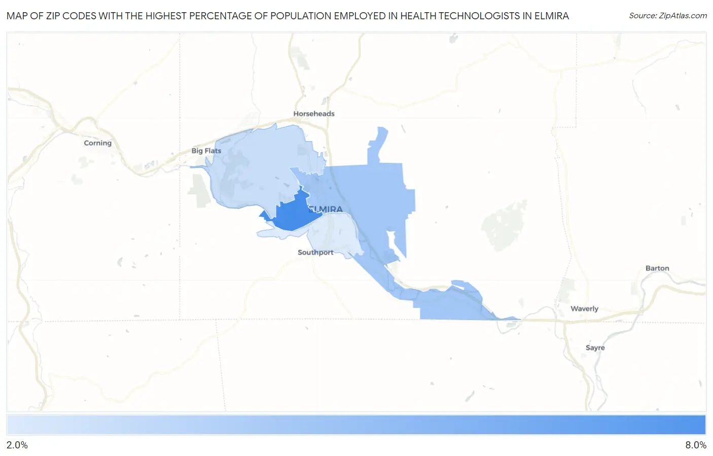 Zip Codes with the Highest Percentage of Population Employed in Health Technologists in Elmira Map