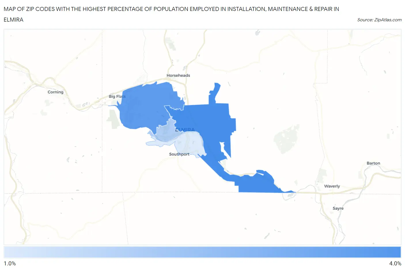 Zip Codes with the Highest Percentage of Population Employed in Installation, Maintenance & Repair in Elmira Map