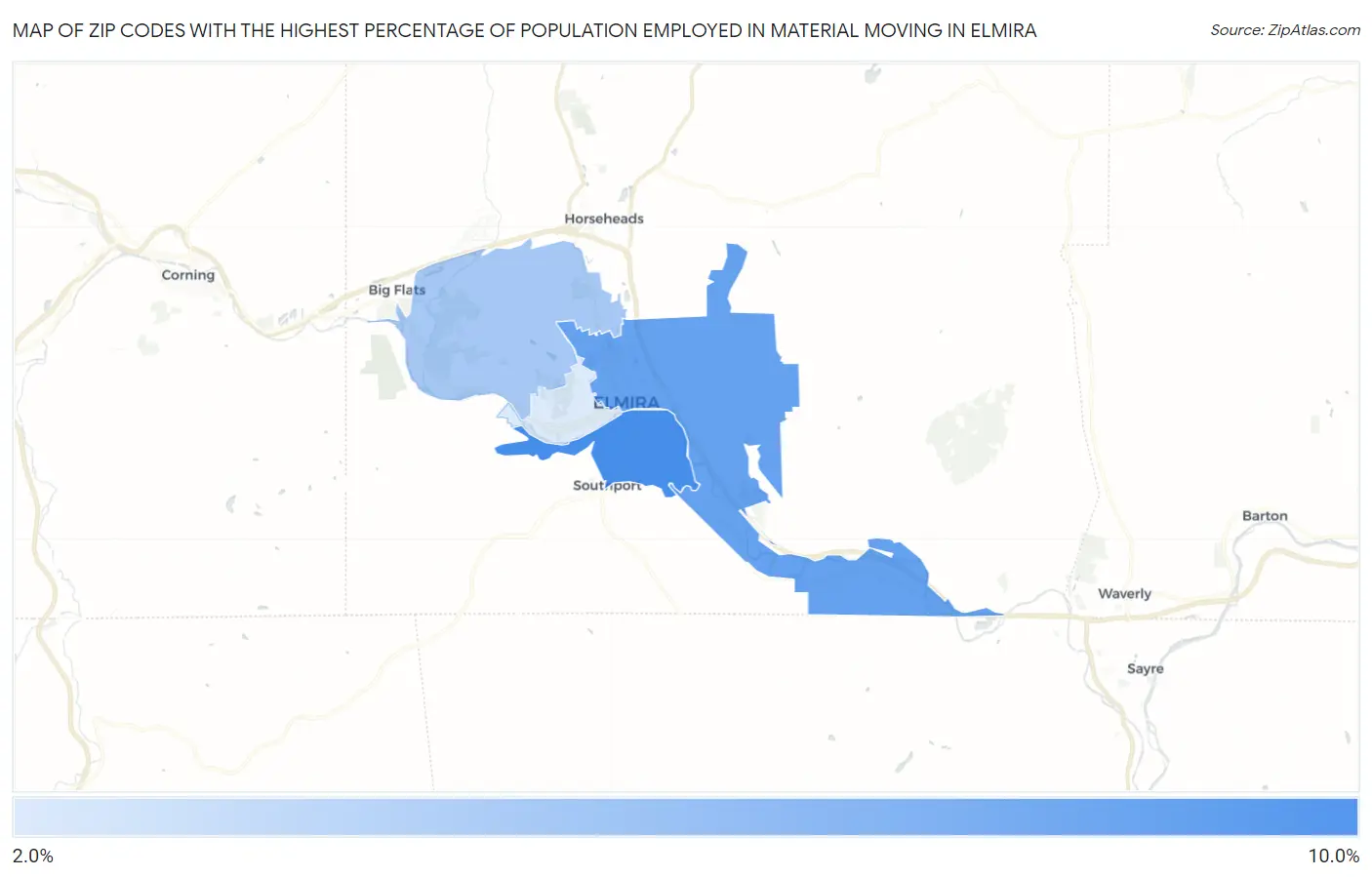 Zip Codes with the Highest Percentage of Population Employed in Material Moving in Elmira Map