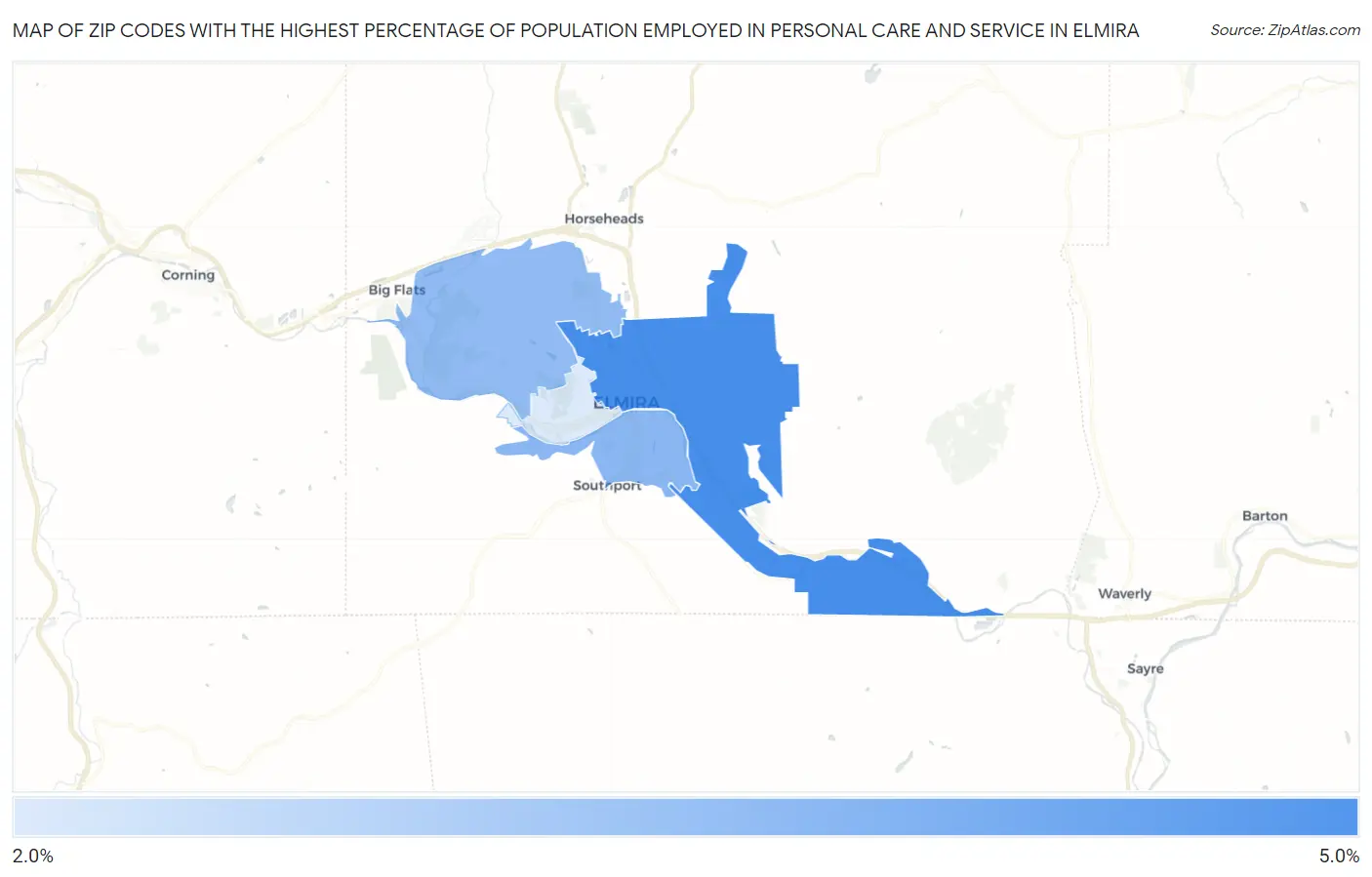 Zip Codes with the Highest Percentage of Population Employed in Personal Care and Service in Elmira Map