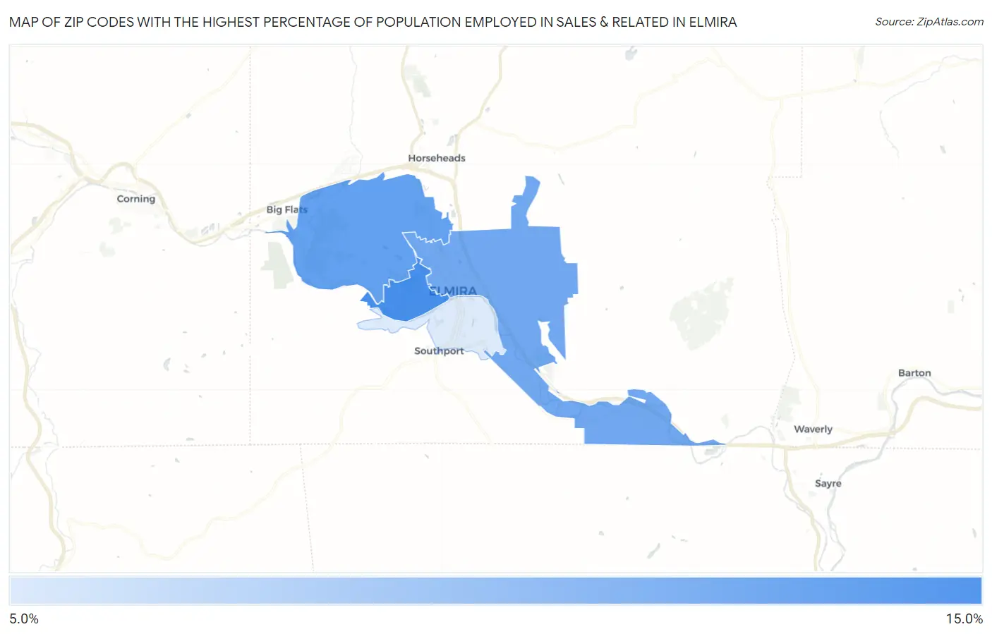 Zip Codes with the Highest Percentage of Population Employed in Sales & Related in Elmira Map