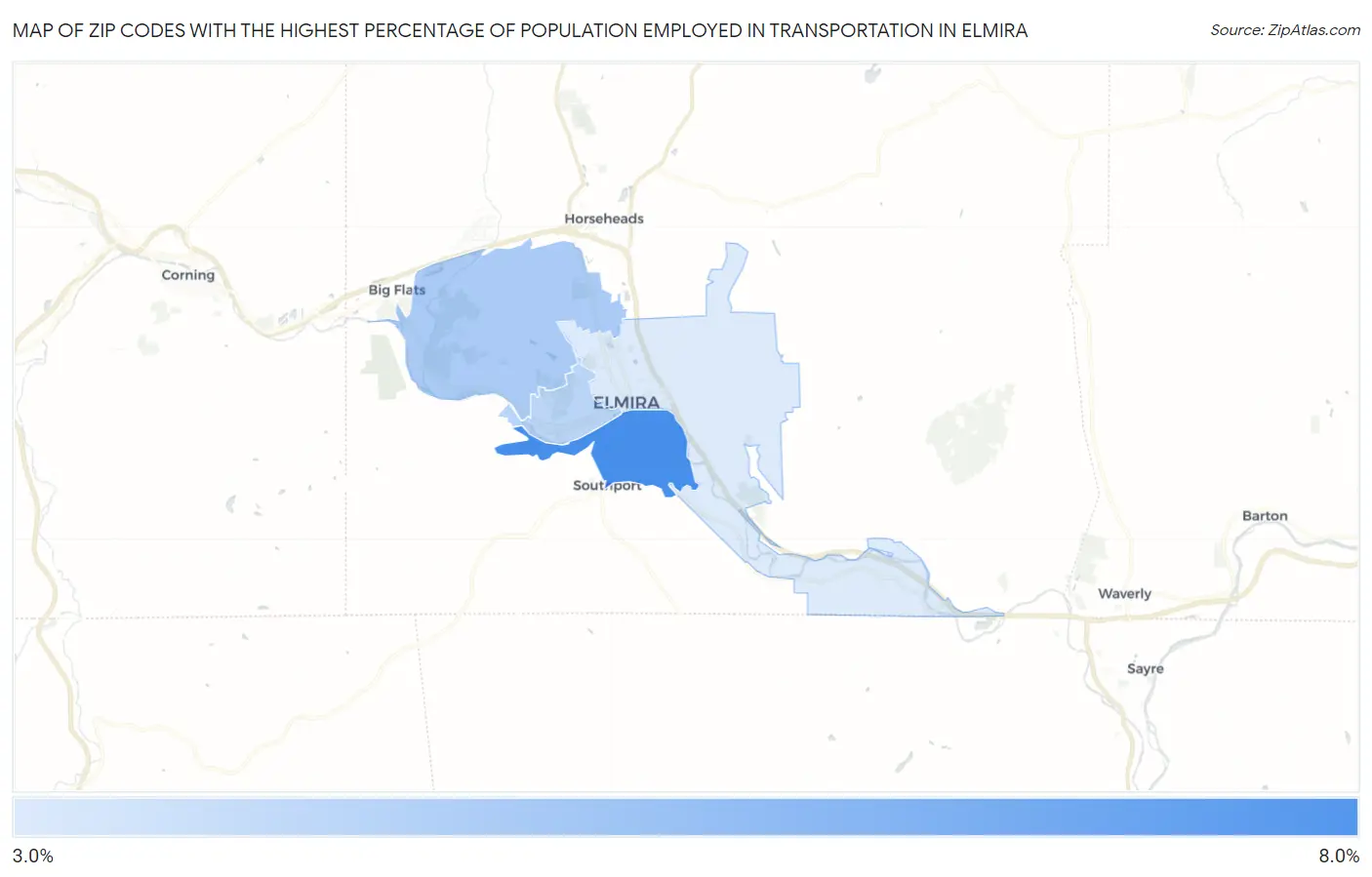 Zip Codes with the Highest Percentage of Population Employed in Transportation in Elmira Map