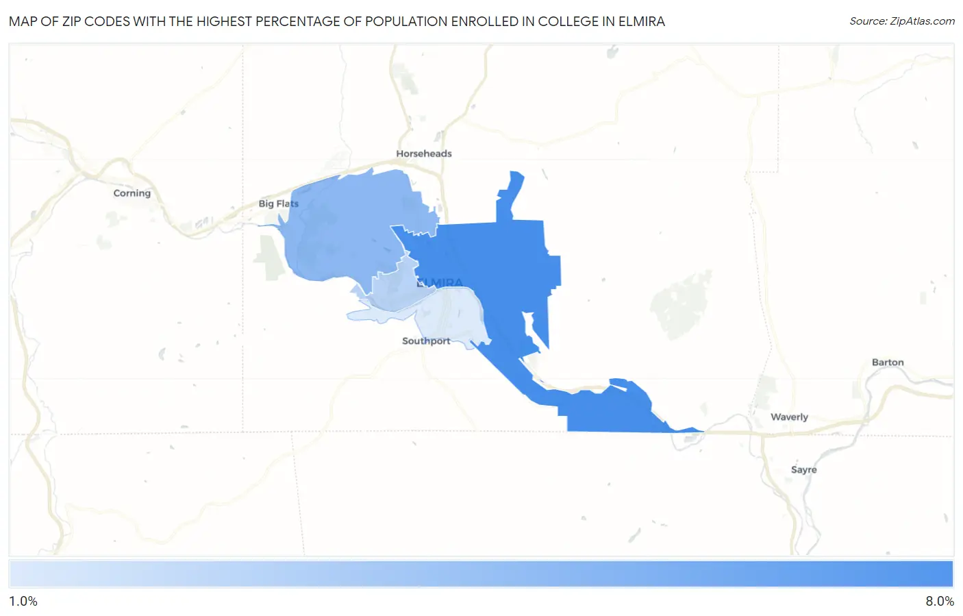 Zip Codes with the Highest Percentage of Population Enrolled in College in Elmira Map
