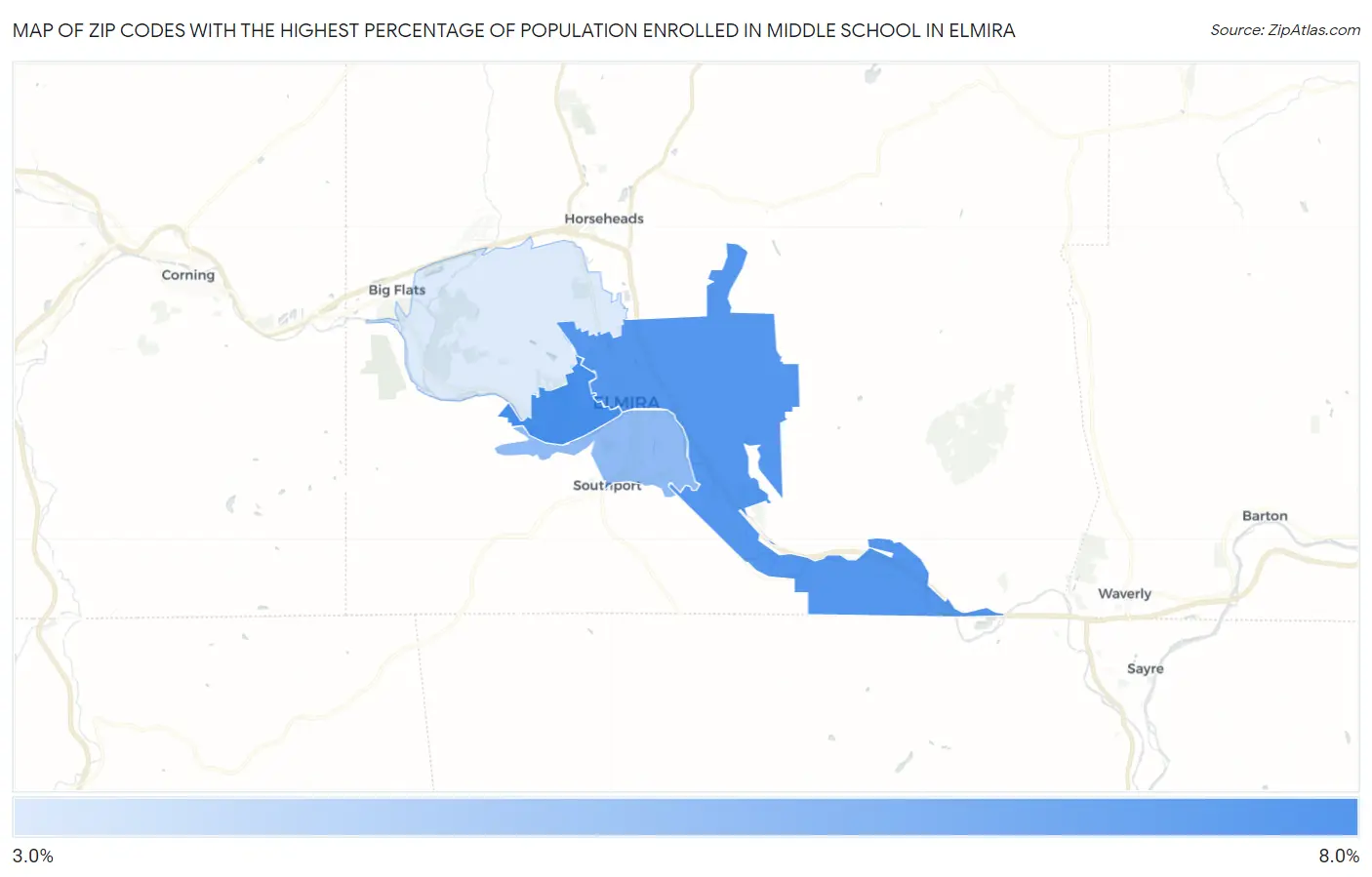 Zip Codes with the Highest Percentage of Population Enrolled in Middle School in Elmira Map