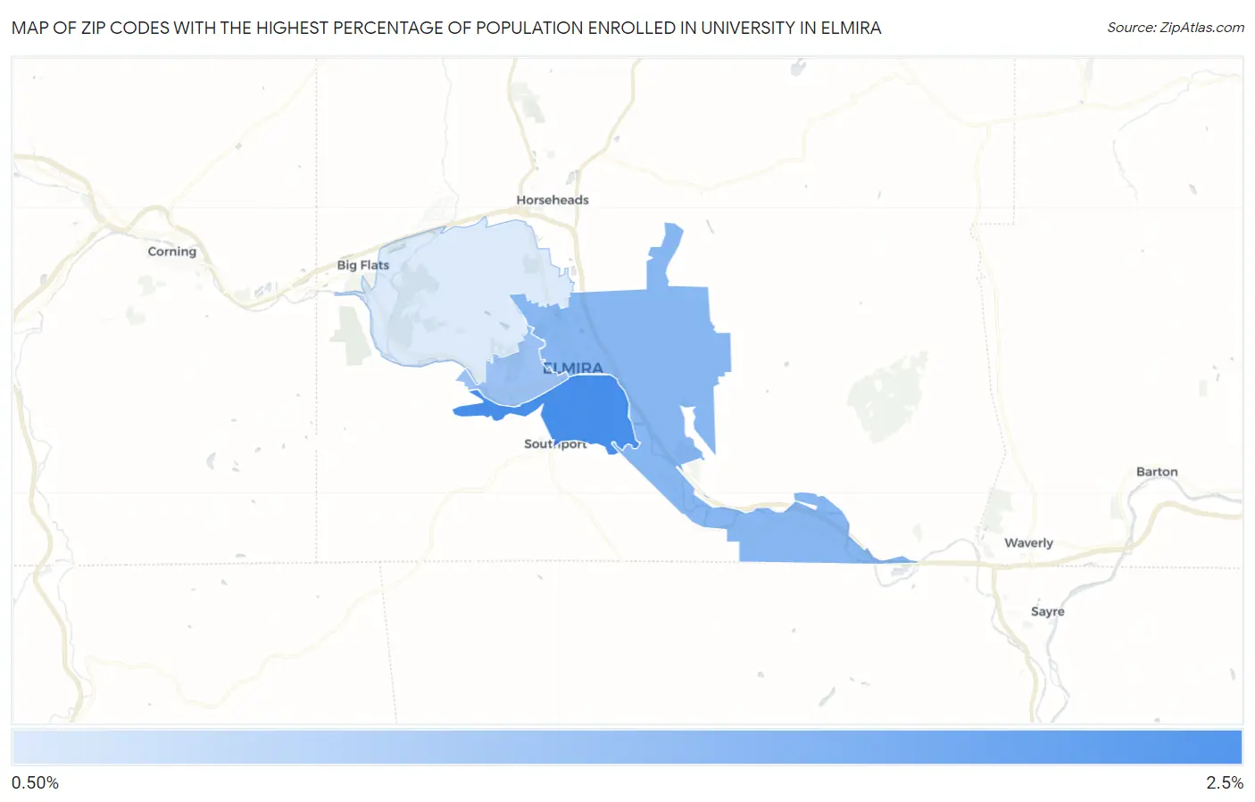 Zip Codes with the Highest Percentage of Population Enrolled in University in Elmira Map