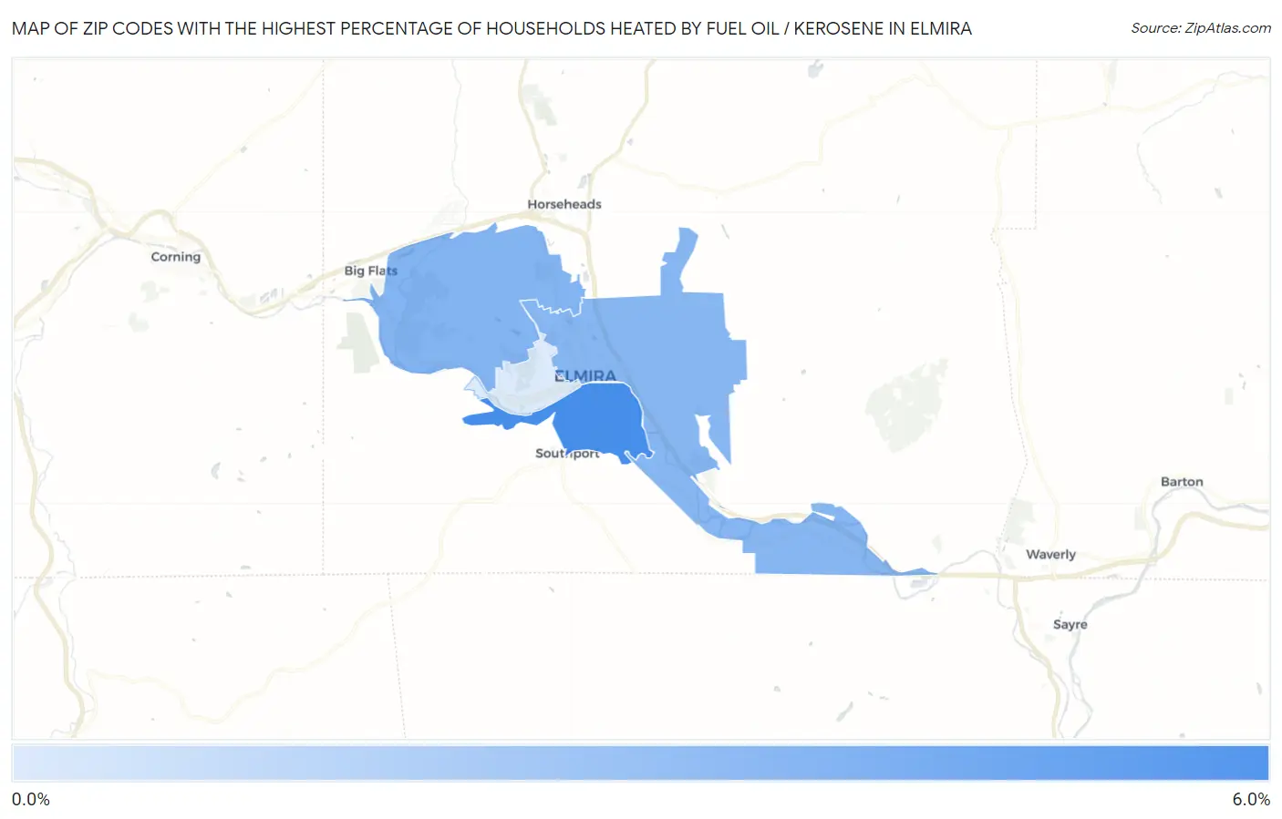 Zip Codes with the Highest Percentage of Households Heated by Fuel Oil / Kerosene in Elmira Map