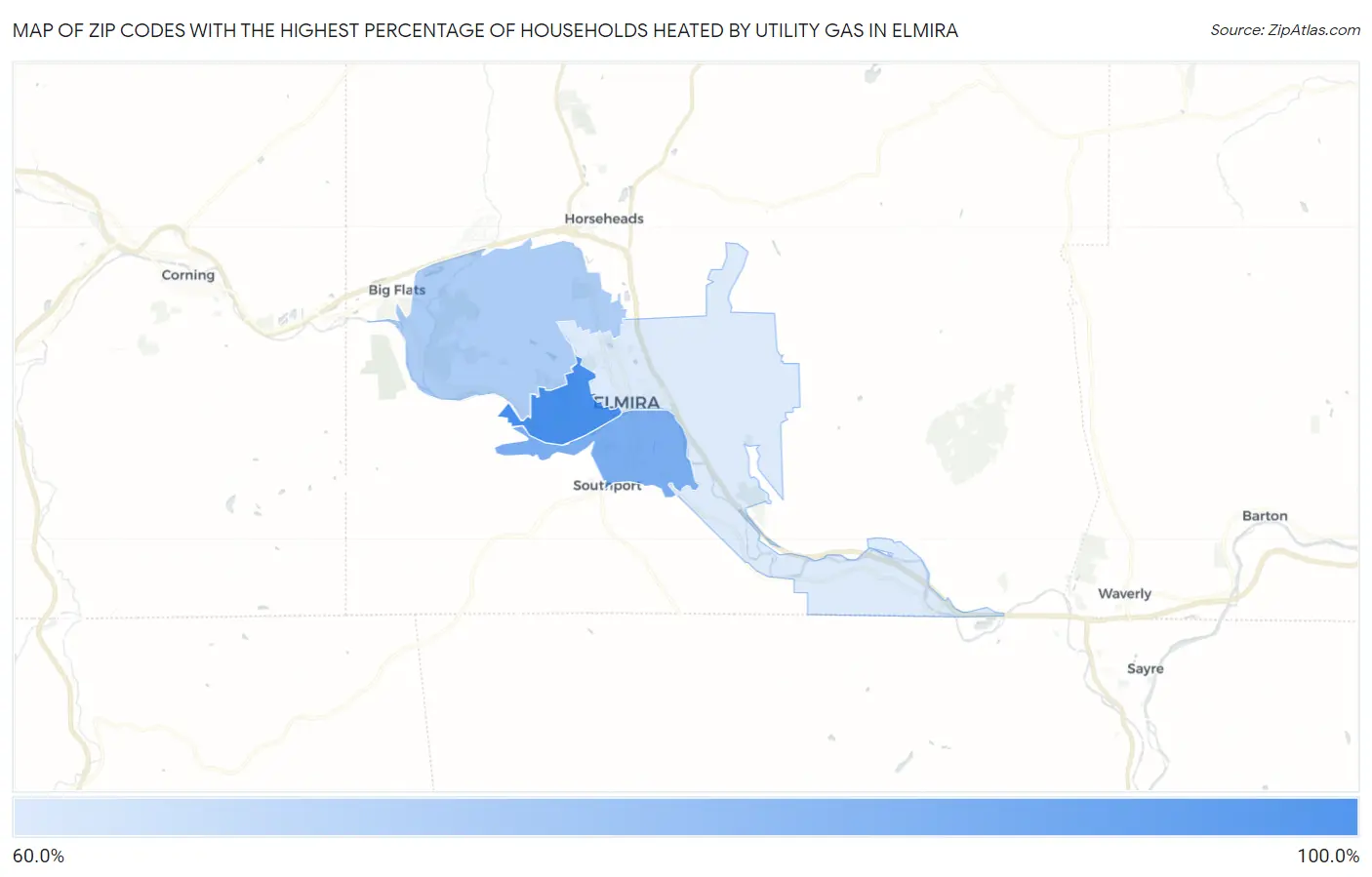 Zip Codes with the Highest Percentage of Households Heated by Utility Gas in Elmira Map