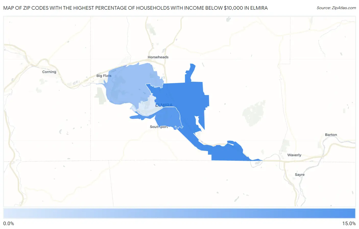 Zip Codes with the Highest Percentage of Households with Income Below $10,000 in Elmira Map