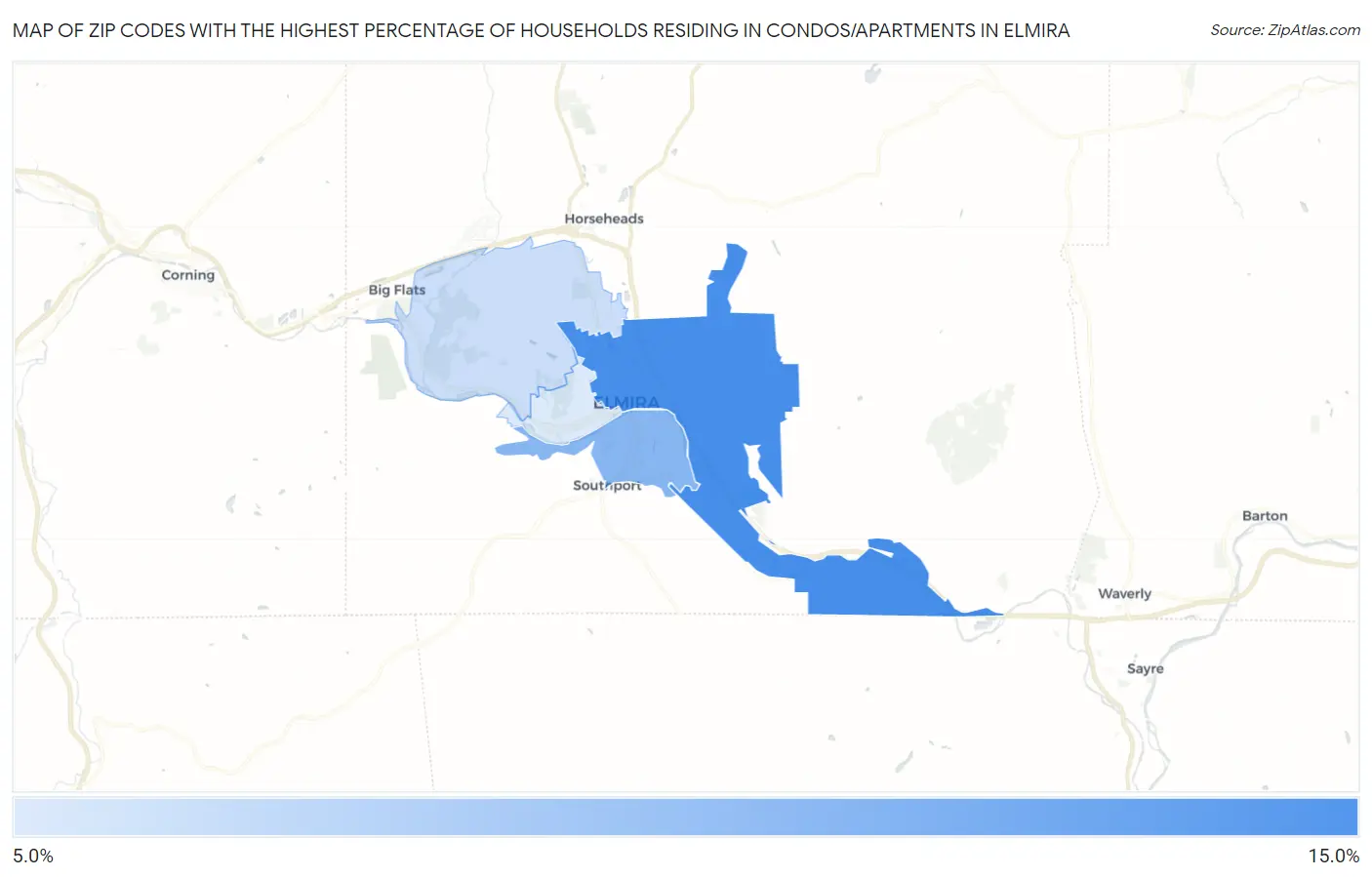 Zip Codes with the Highest Percentage of Households Residing in Condos/Apartments in Elmira Map