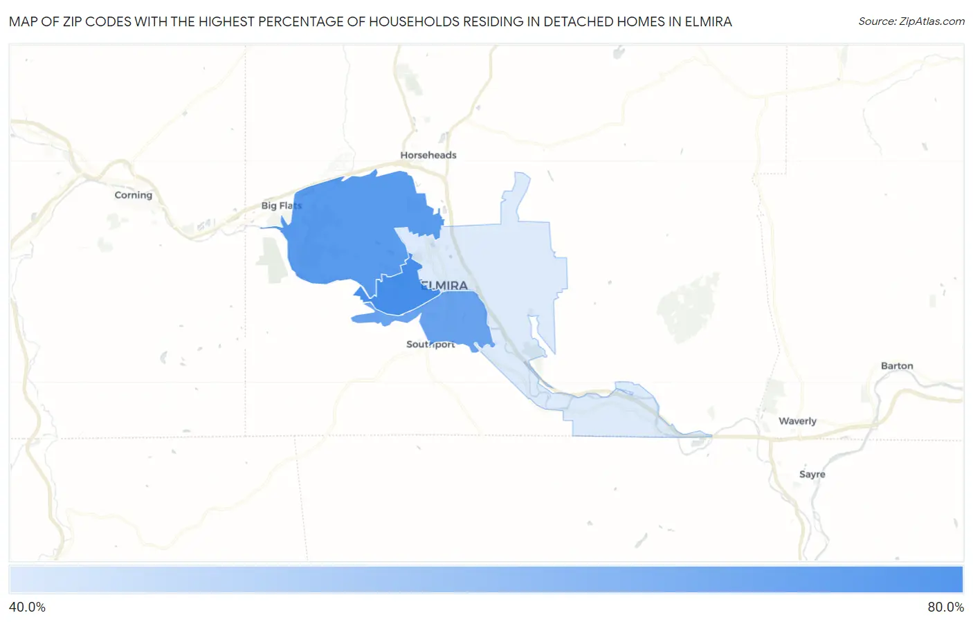 Zip Codes with the Highest Percentage of Households Residing in Detached Homes in Elmira Map