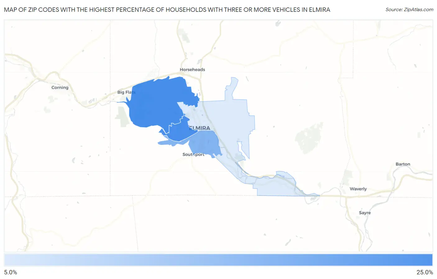 Zip Codes with the Highest Percentage of Households With Three or more Vehicles in Elmira Map
