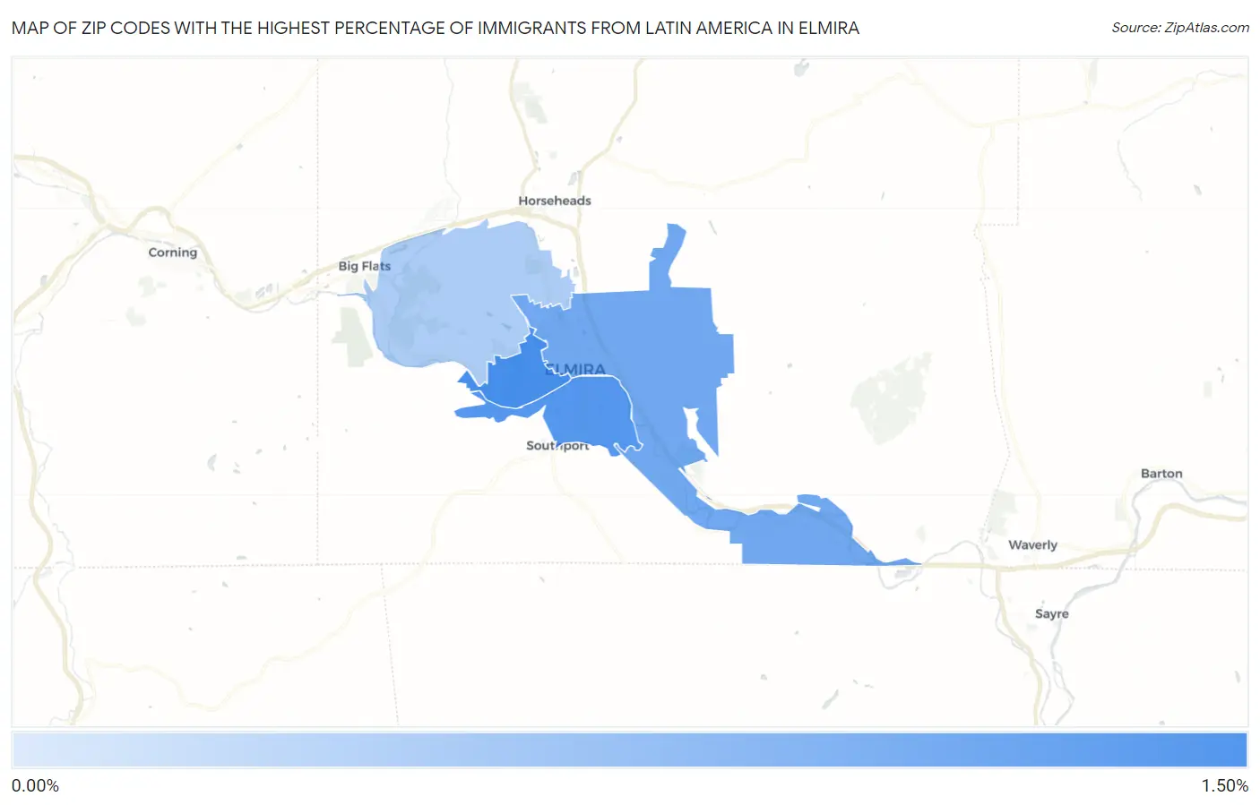 Zip Codes with the Highest Percentage of Immigrants from Latin America in Elmira Map
