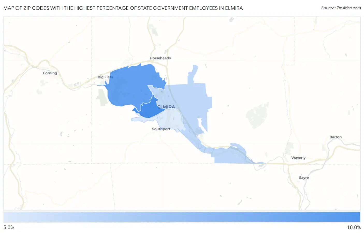 Zip Codes with the Highest Percentage of State Government Employees in Elmira Map