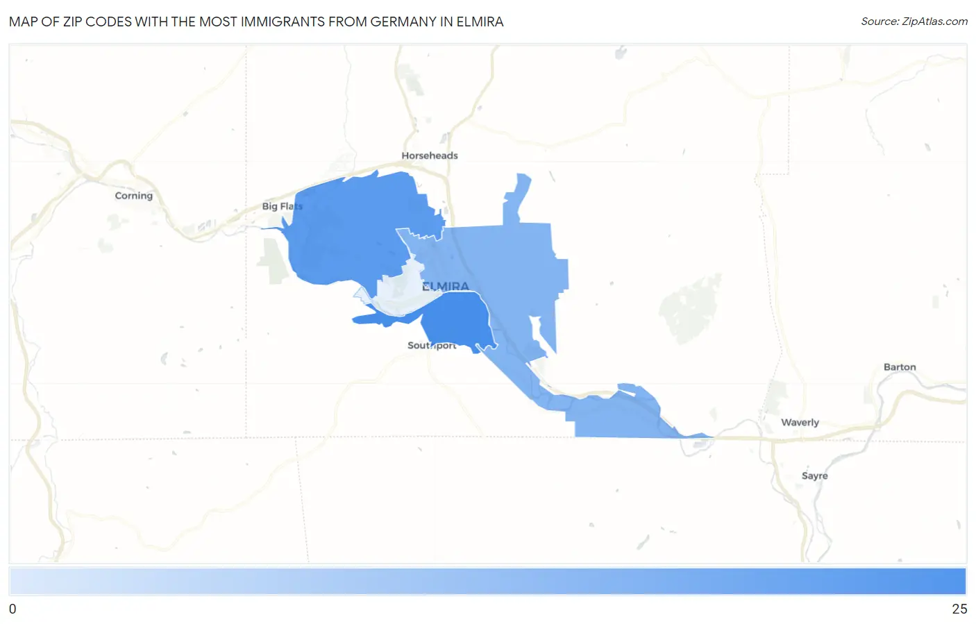 Zip Codes with the Most Immigrants from Germany in Elmira Map