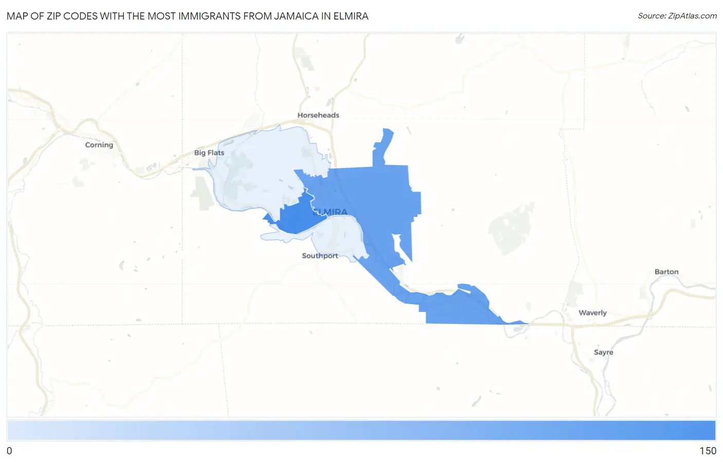 Zip Codes with the Most Immigrants from Jamaica in Elmira Map