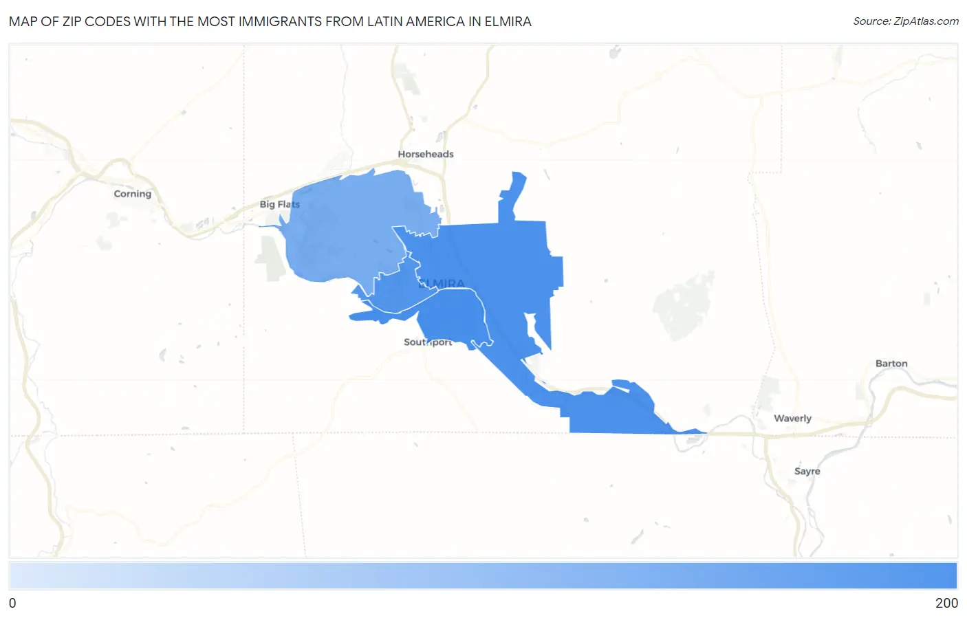 Zip Codes with the Most Immigrants from Latin America in Elmira Map