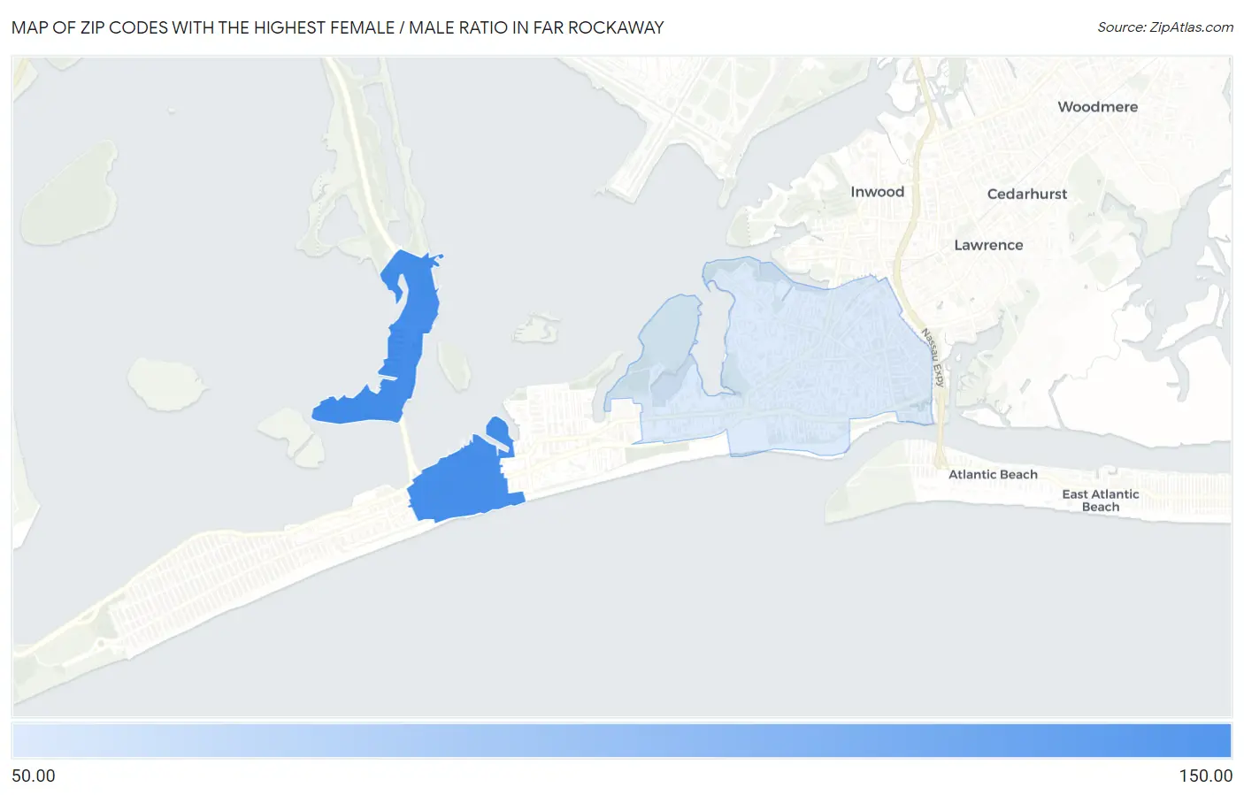 Zip Codes with the Highest Female / Male Ratio in Far Rockaway Map