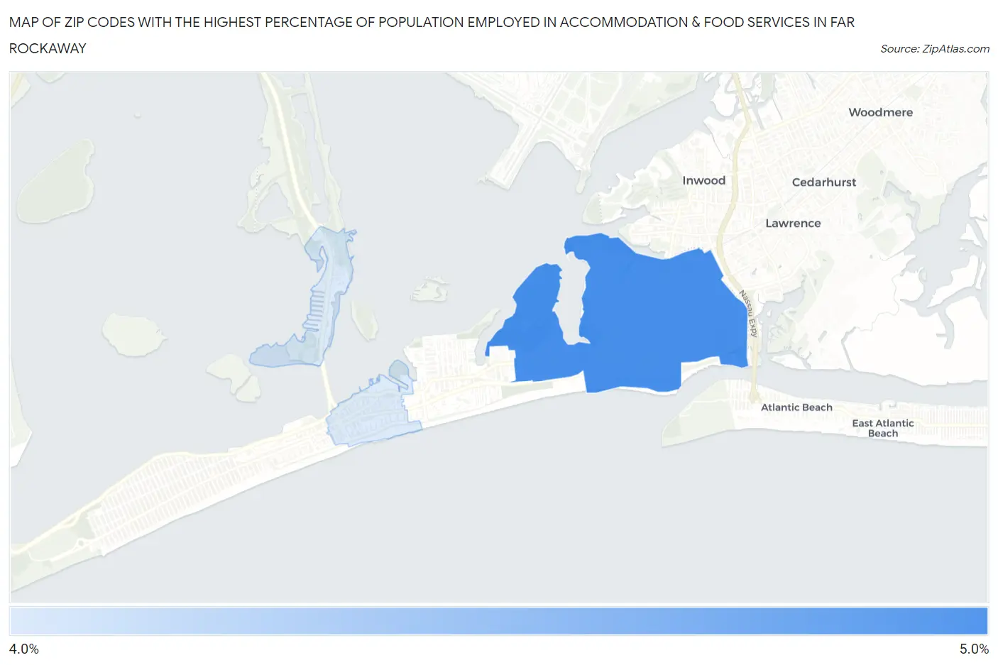 Zip Codes with the Highest Percentage of Population Employed in Accommodation & Food Services in Far Rockaway Map