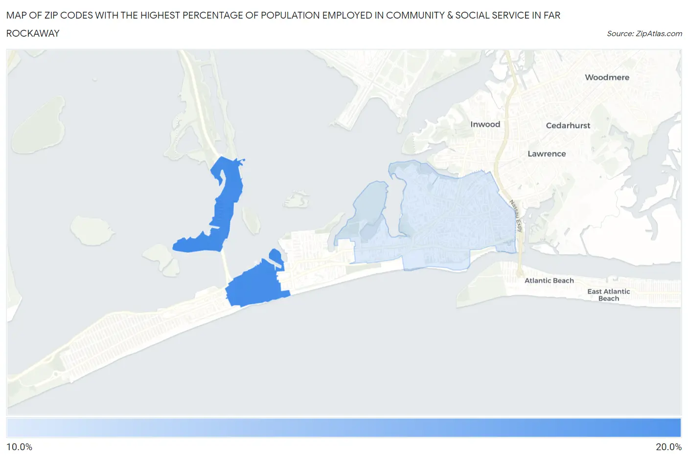Zip Codes with the Highest Percentage of Population Employed in Community & Social Service  in Far Rockaway Map