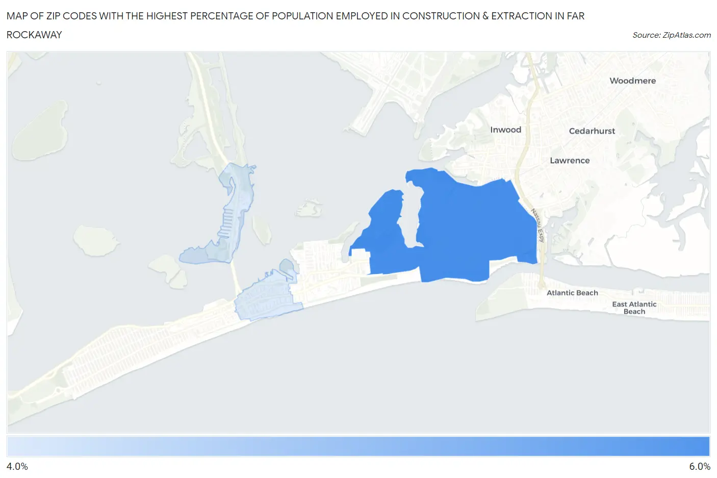 Zip Codes with the Highest Percentage of Population Employed in Construction & Extraction in Far Rockaway Map
